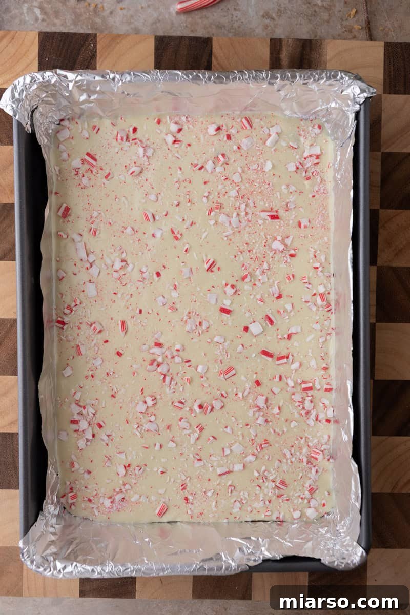 Peppermint bark topped with crushed candy canes in a baking pan before chilling, showing the festive final touch.
