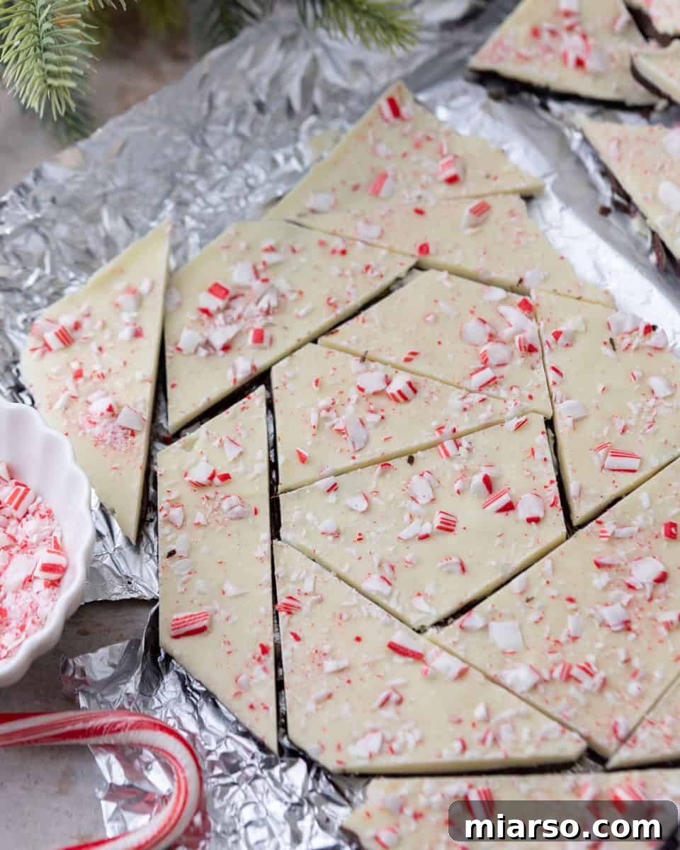Broken pieces of homemade peppermint bark, showcasing the distinct layers and ample candy cane topping, ready to be enjoyed.