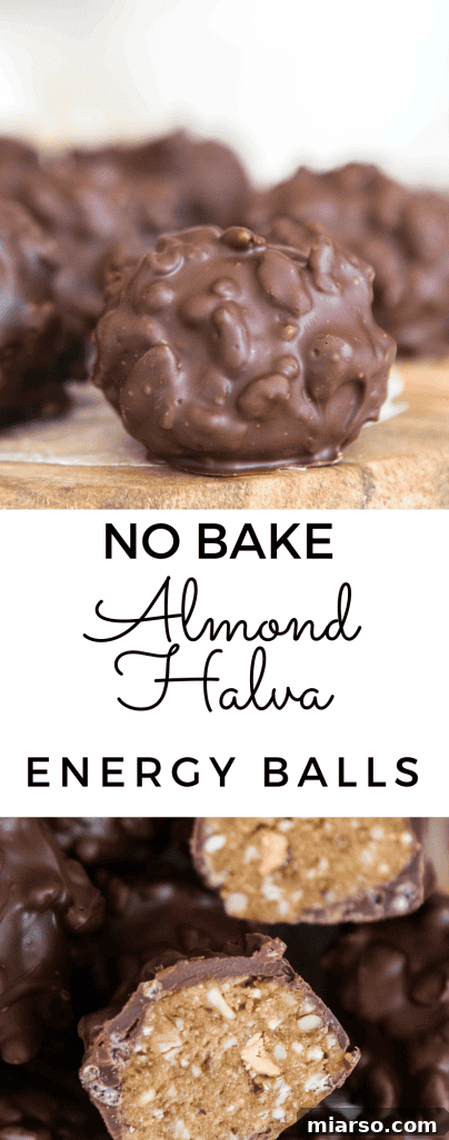 No bake halva almond balls Pinterest graphic