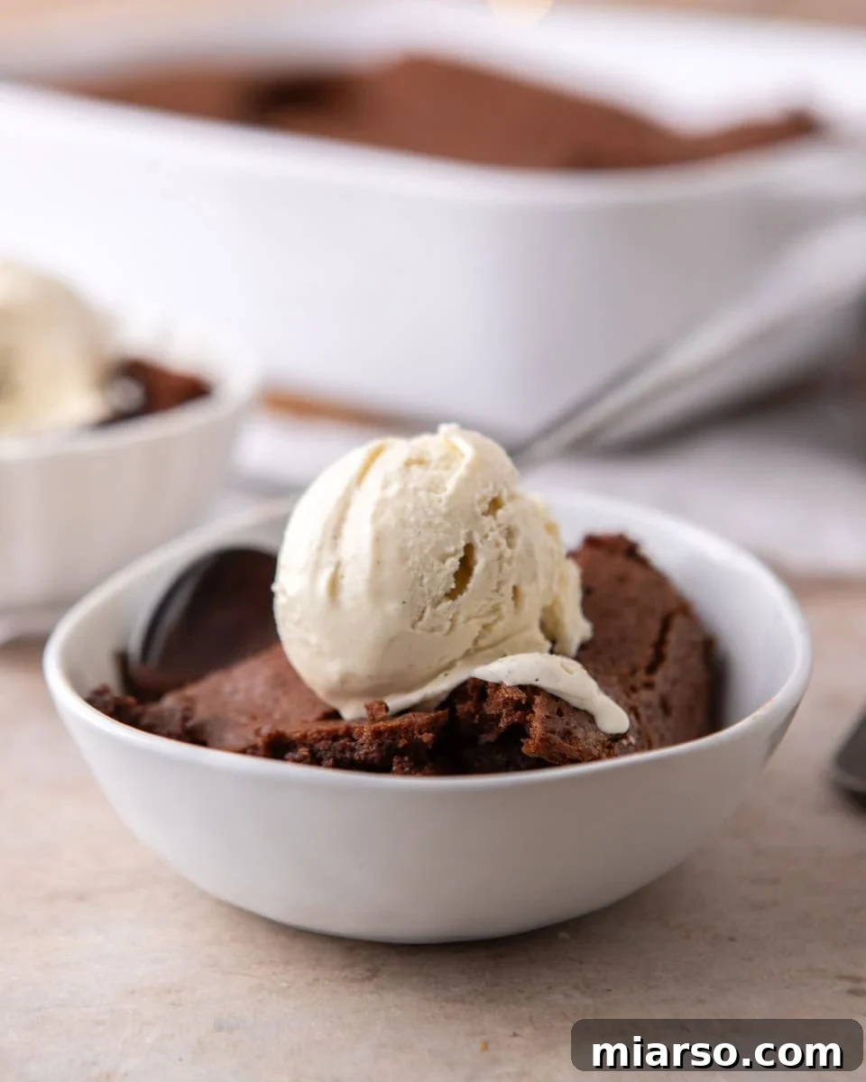 Ina Garten's Viral Brownie Pudding Sensation 2 Warm Brownie Pudding served in a white bowl with a generous scoop of vanilla ice cream melting on top, garnished with a sprig of mint.