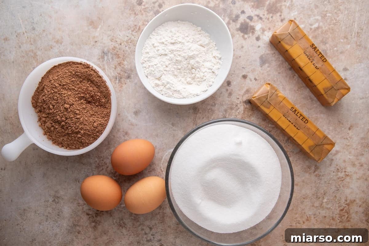 Ina Garten's Viral Brownie Pudding Sensation 3 A flat lay photograph of all the essential ingredients laid out for Ina Garten's Brownie Pudding: blocks of butter, fresh eggs, granulated sugar, dark cocoa powder, all-purpose flour, and a bottle of vanilla extract.