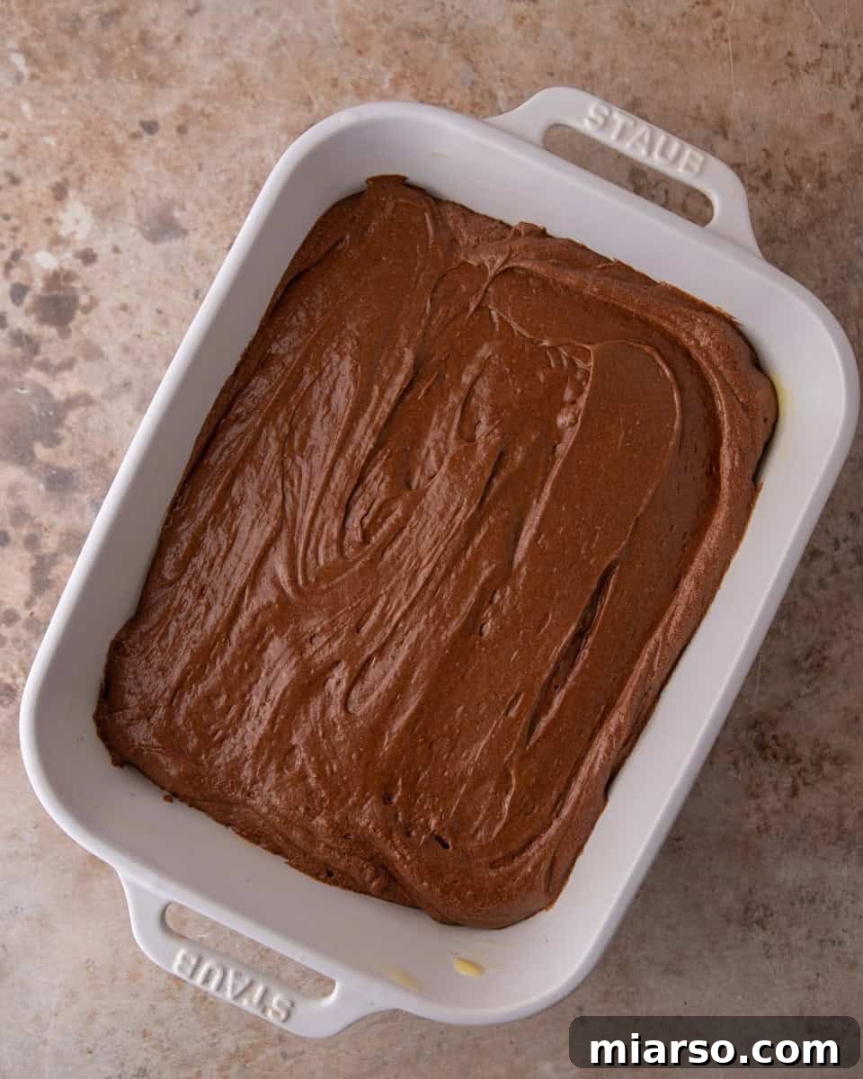 Ina Garten's Viral Brownie Pudding Sensation 8 The rich brownie pudding batter evenly spread in a prepared baking dish, nestled in a water bath, ready to go into the oven.