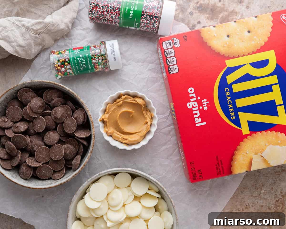 Ingredients for Ritz peanut butter cookies including crackers, chocolate, and peanut butter