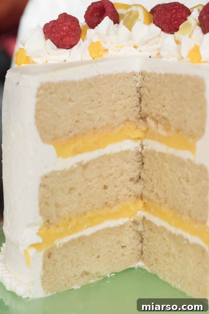 Slice of vanilla cake with lemon curd