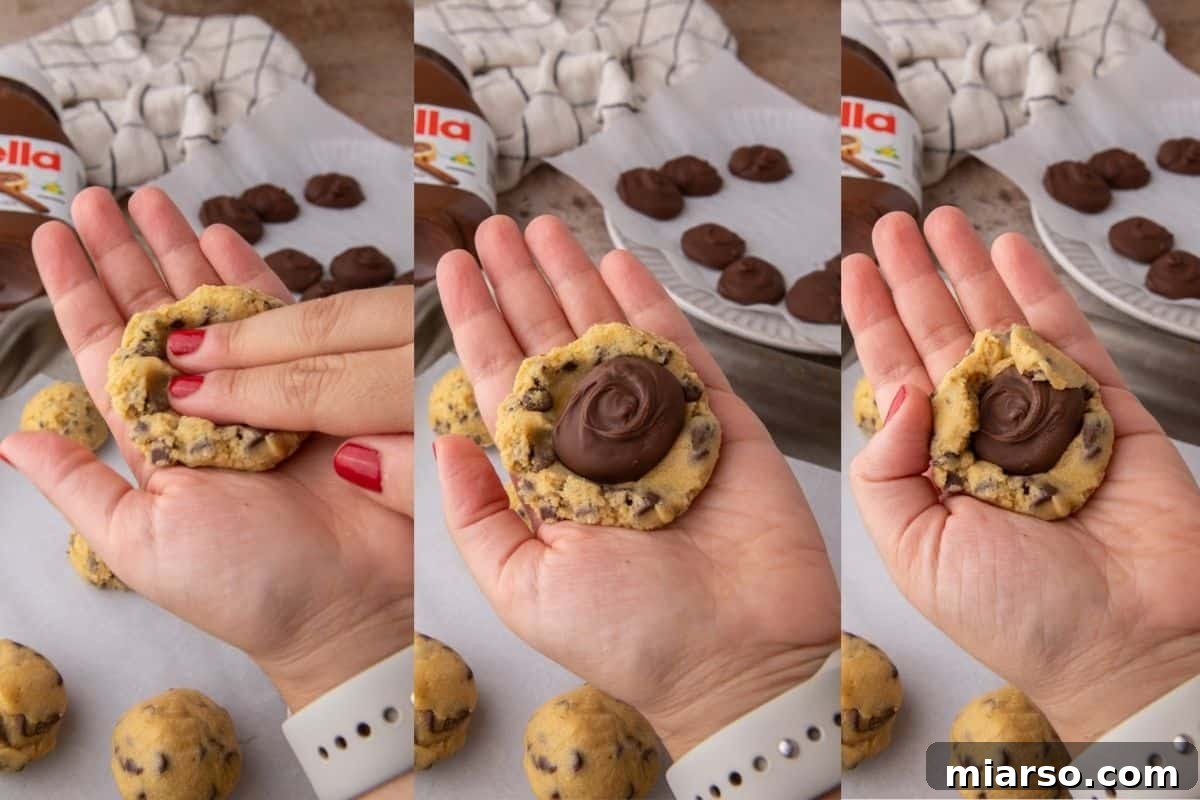 Step-by-step process showing how to stuff cookie dough with frozen Nutella