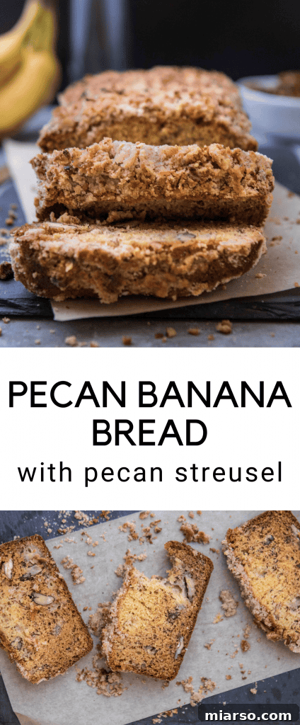 Pinterest pin image: Pecan banana bread with streusel recipe