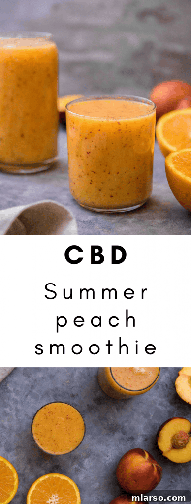 Citrus Peach CBD Serenity Smoothie 8 Stunning Pinterest graphic for CBD peach summer smoothie recipe, highlighting health benefits and refreshment