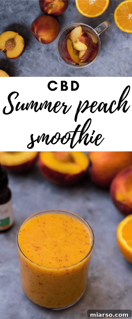 Citrus Peach CBD Serenity Smoothie 9 Pinterest graphic featuring a healthy peach orange smoothie, perfect for hot summer days and wellness