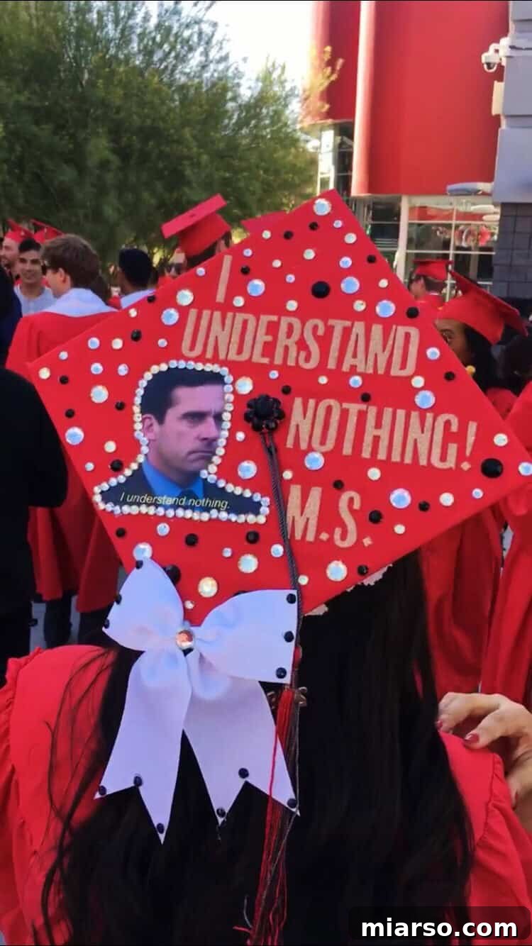 A graduation cap featuring a meme from The Office with Michael Scott, reading 'I understand nothing.'