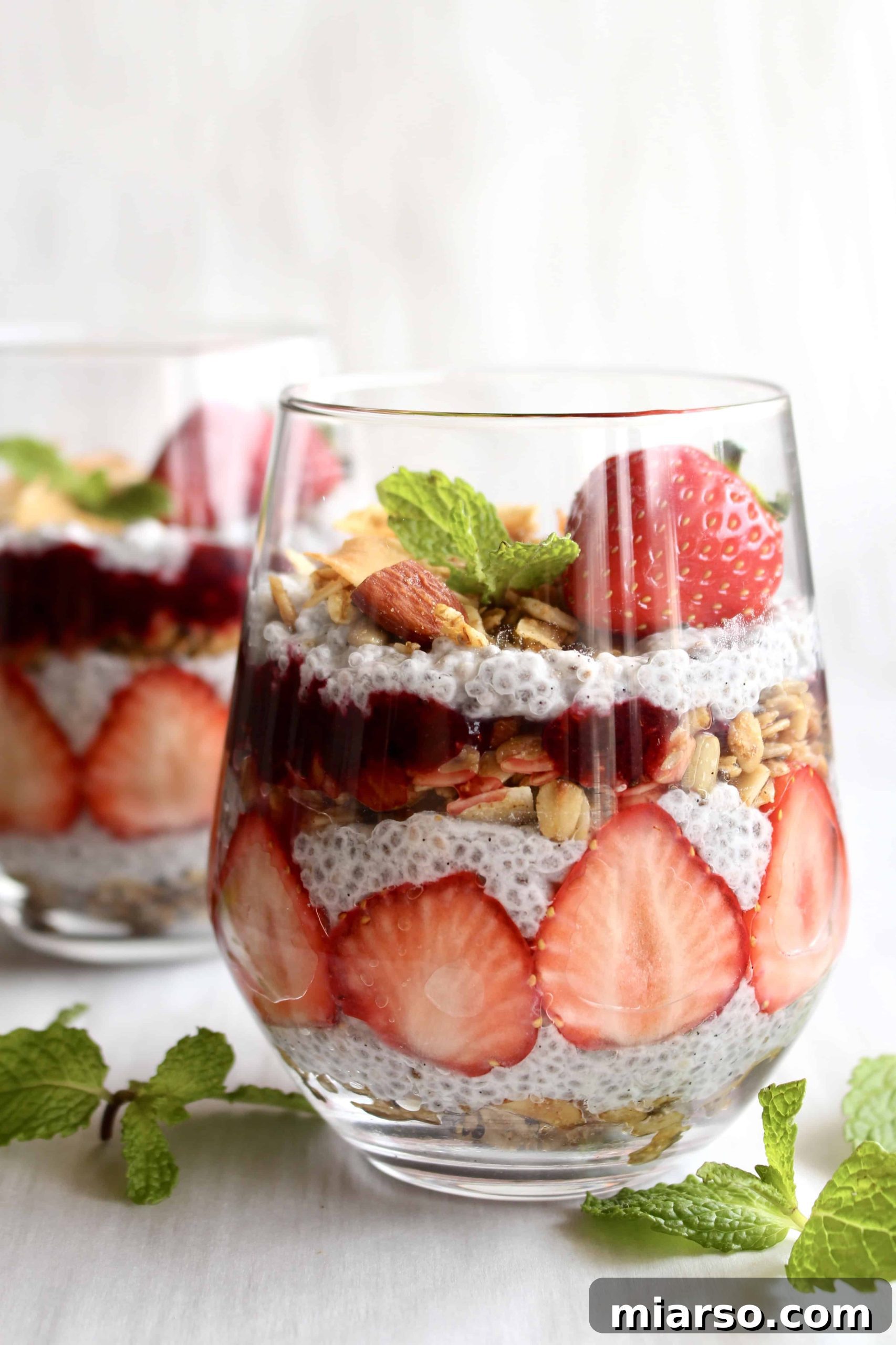 Artfully arranged Berry Chia Seed Parfait, showcasing its beautiful layers and fresh fruit toppings, captured from a delicious angle