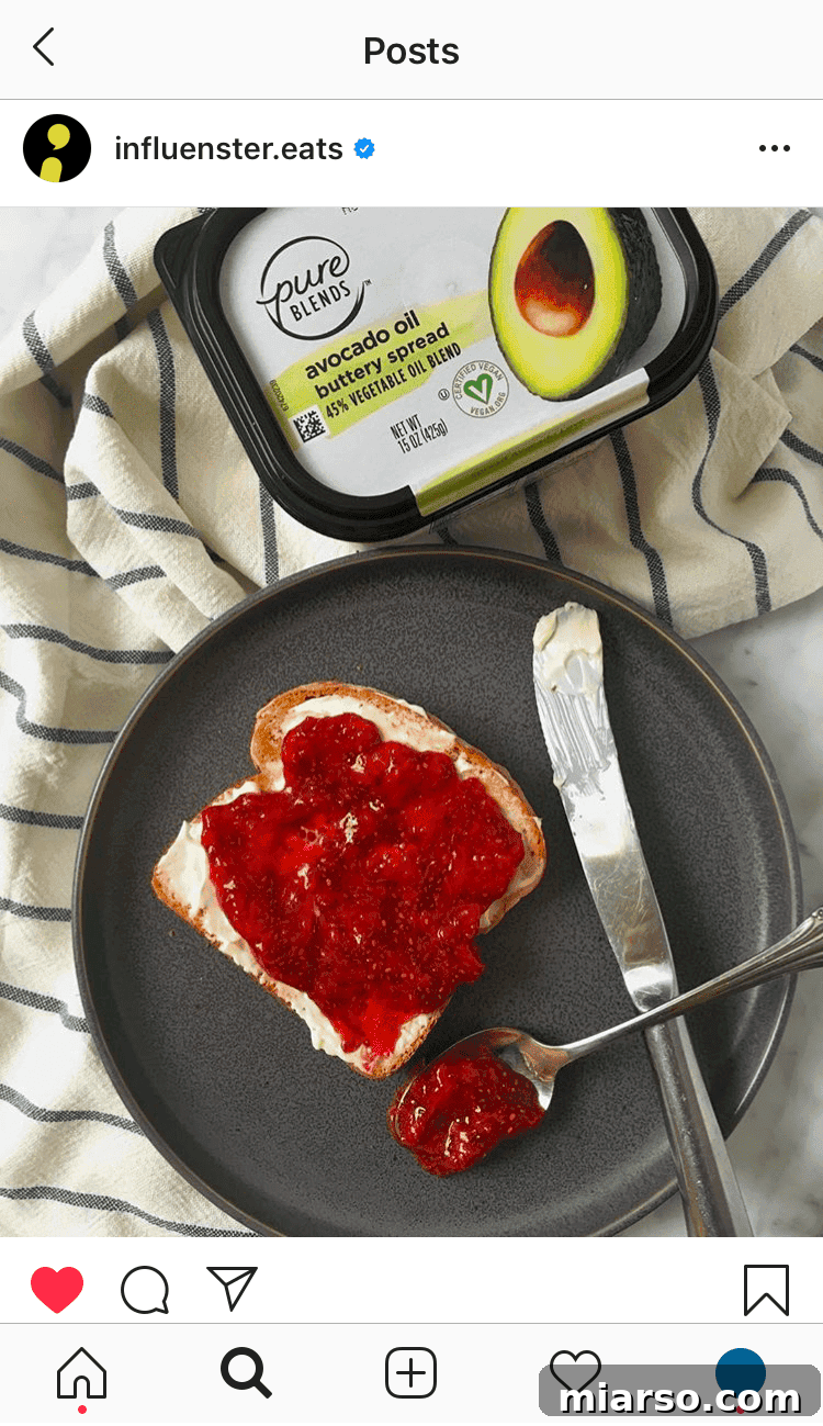 A close-up shot of a healthy homemade strawberry chia jam with subtle placement of Pure Blends avocado oil buttery spread, demonstrating how food bloggers can feature products.