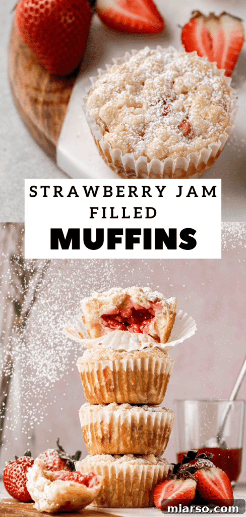 Overhead view of strawberry muffins with streusel in a muffin tin