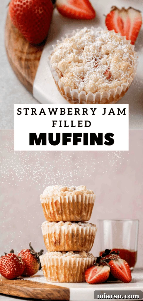 Styled photo of strawberry jam filled muffins on a rustic background