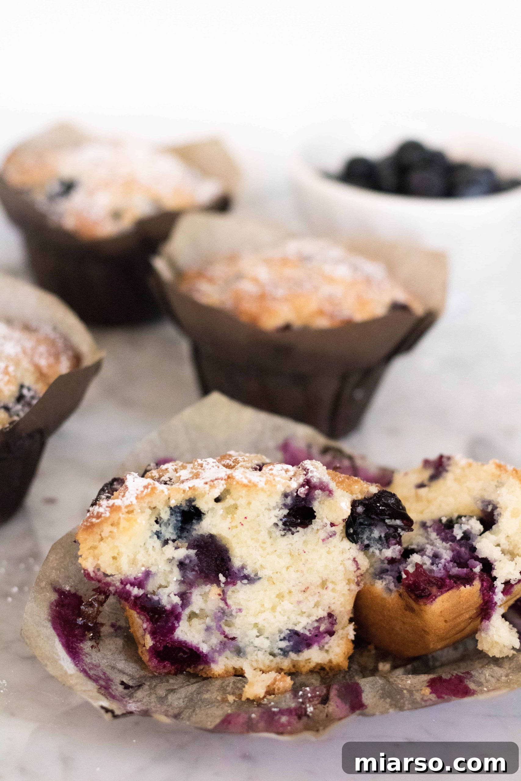 Artisan Blueberry Streusel Muffins 3 Close-up of a Bakery Style Blueberry Muffin showing the crunchy streusel and juicy blueberries.