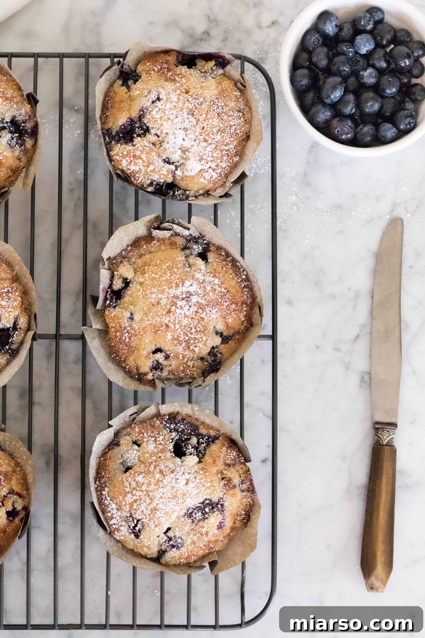 Artisan Blueberry Streusel Muffins 4 Freshly baked Bakery Style Blueberry Muffins cooling on a wire rack.
