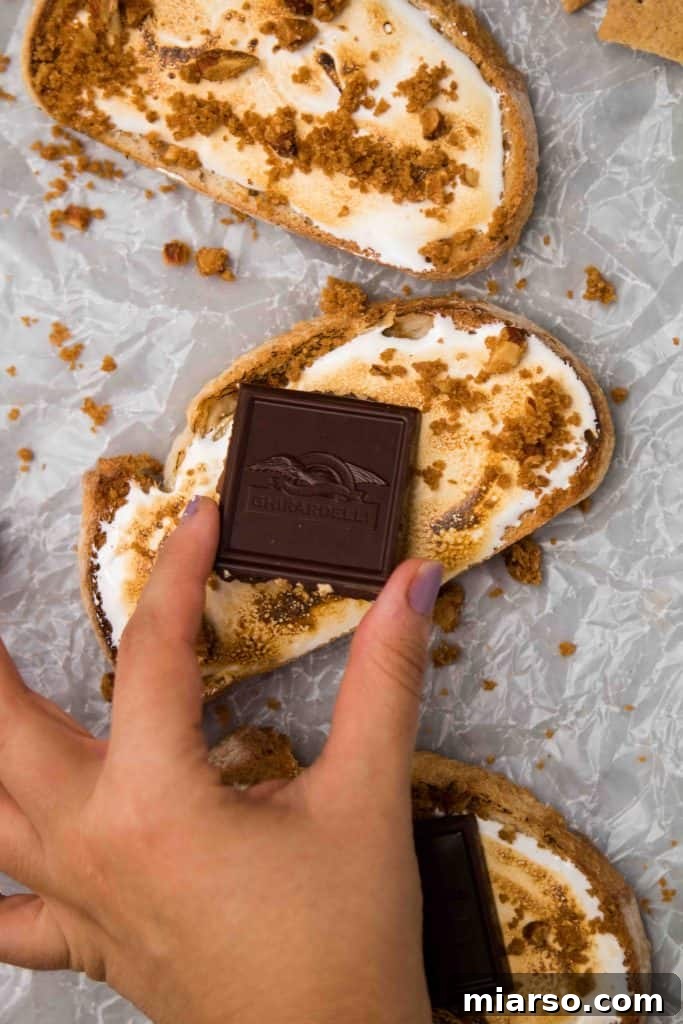 Finished s'mores toast topped with chocolate and streusel