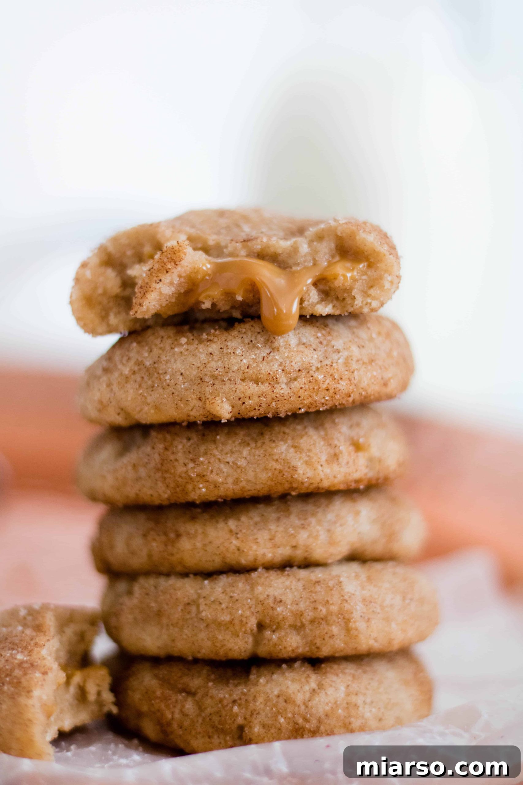 Close-up of a soft and chewy Snickerdoodle cookie with a golden-brown crust and a dusting of cinnamon sugar. The cookie is slightly cracked, hinting at the warm, gooey dulce de leche filling inside. It rests on a cooling rack, with more cookies blurred in the background, suggesting a fresh batch.