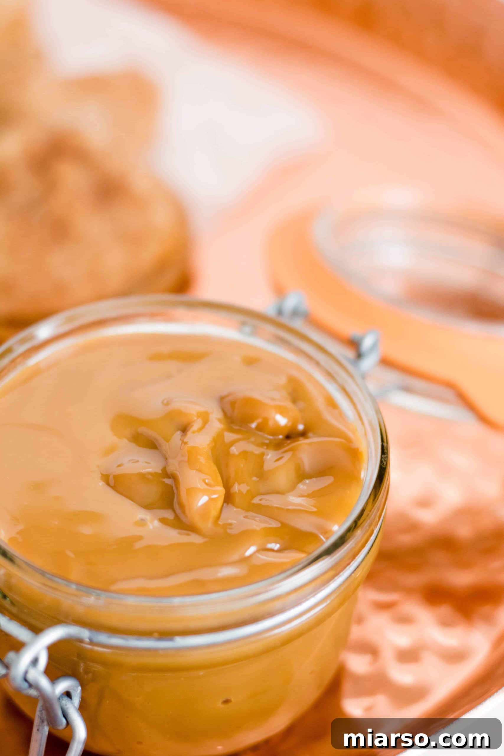 A single Snickerdoodle cookie, beautifully round and covered in sparkling cinnamon sugar, rests on a cooling rack. A delicate crack reveals a glimpse of the rich, caramel-colored dulce de leche filling within, highlighting its soft, chewy texture. The background is softly blurred, keeping the focus on the enticing cookie.