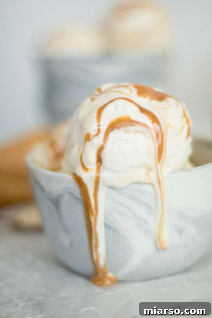 Creamy No-Churn Dulce de Leche Vanilla Bean Ice Cream in a bowl with caramel swirls