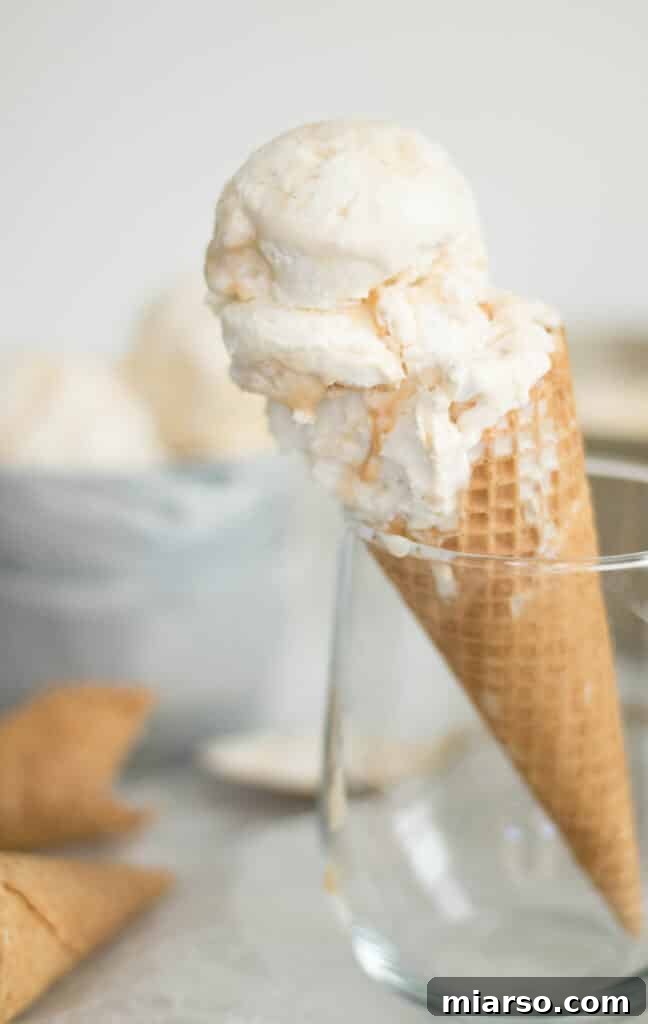 Scoops of No-Churn Dulce de Leche Vanilla Bean Ice Cream in a waffle cone, ready to be enjoyed