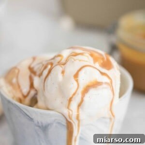 Close-up of creamy Dulce de Leche Vanilla Bean Ice Cream in a bowl
