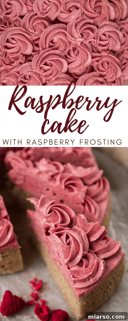 Raspberry Bliss Cake with Silky Buttercream 14 Raspberry butter cake with pink raspberry frosting on a serving platter