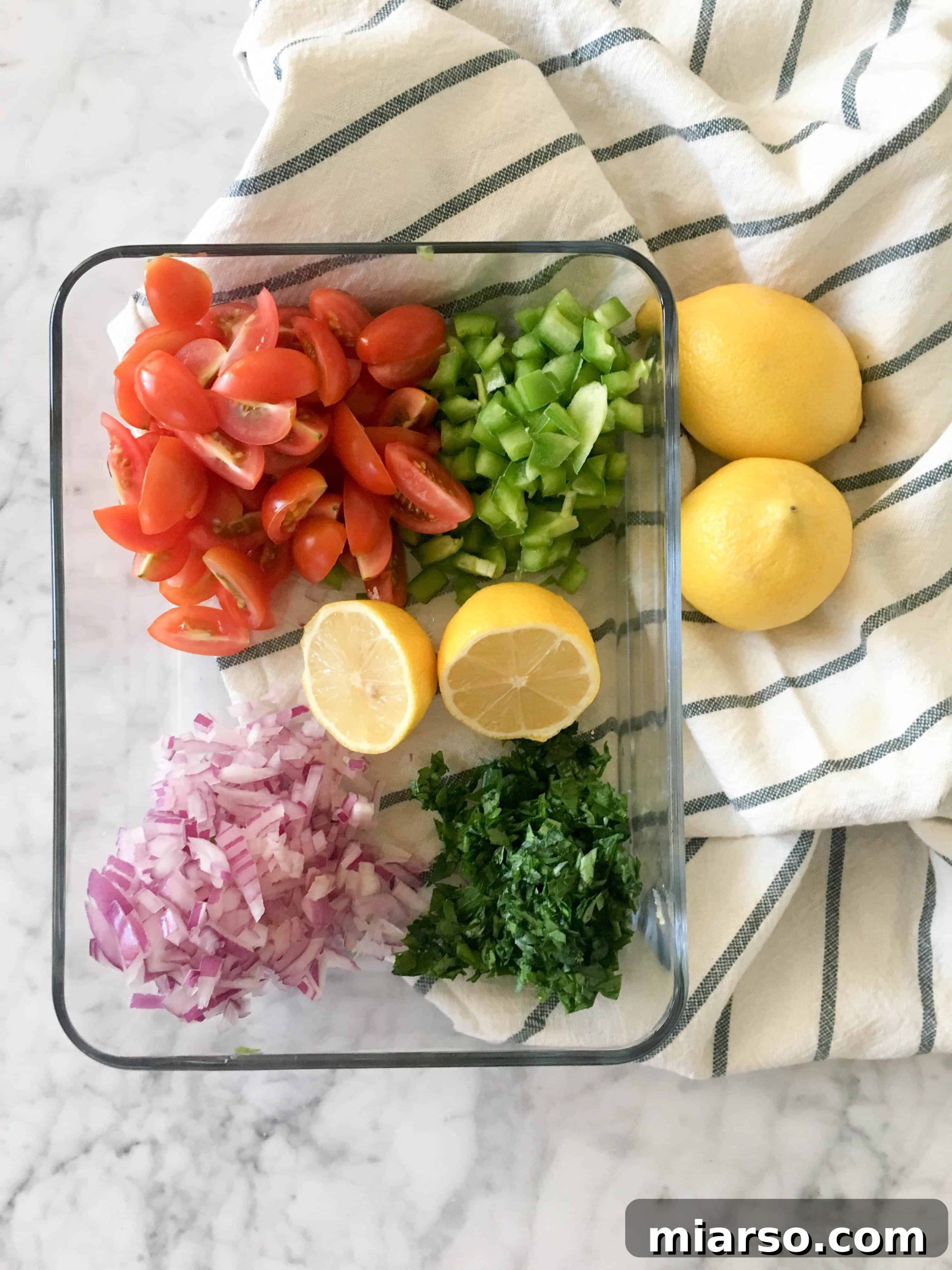 cherry tomatoes, italian parsley, green bell pepper, red onion, and lemon