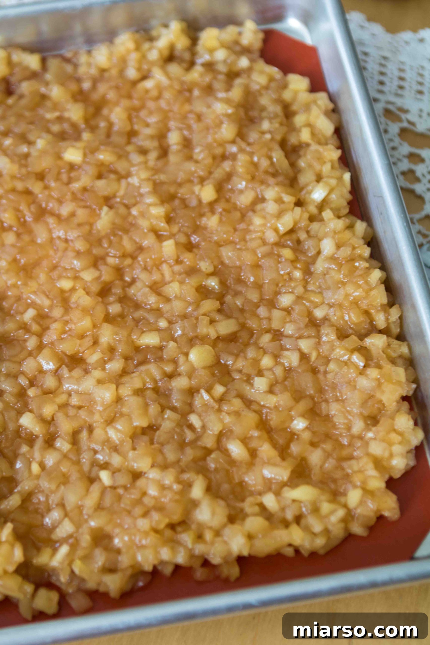 Close-up of the finished apple filling, cooled and ready for donut preparation
