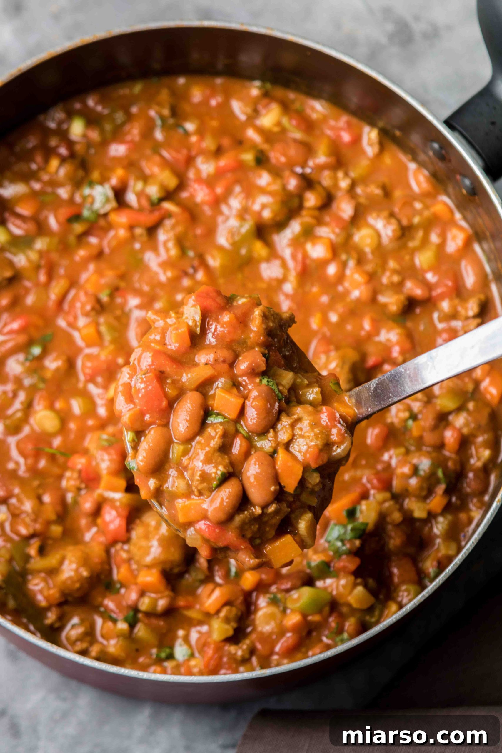 Close-up of Mediterranean chili with Bush's beans, ready to be served