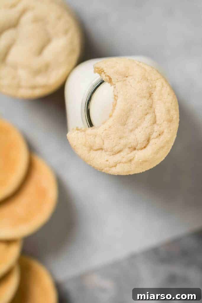 An overhead shot of soft sugar cookies scattered on a surface, highlighting their delicate cracks and perfect roundness.