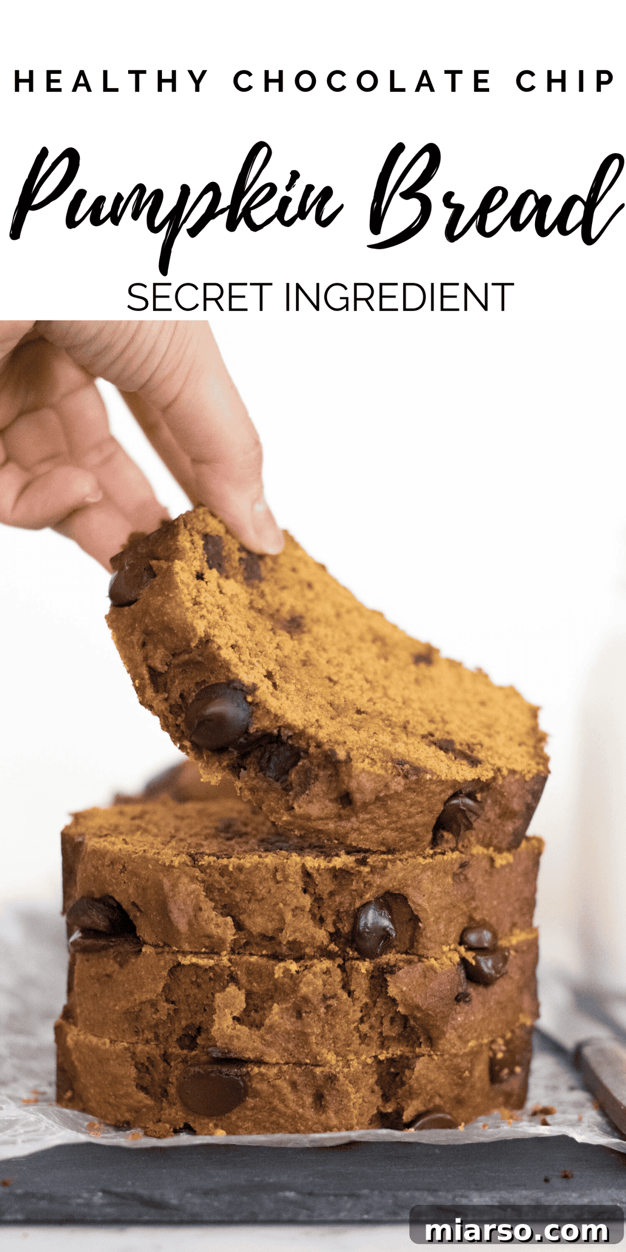 Pinterest-friendly image of healthy chocolate chip pumpkin bread, encouraging users to save the recipe.