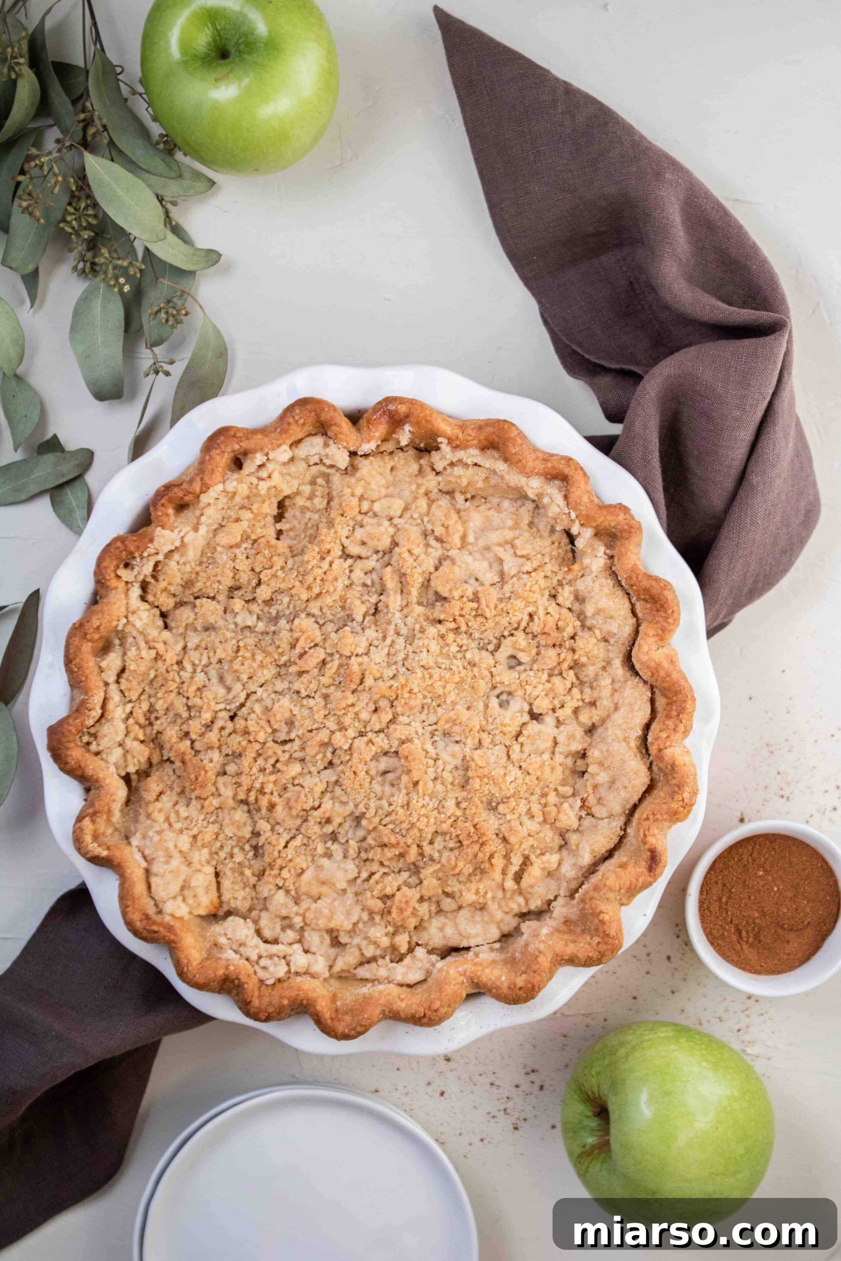 Overhead shot of a Dutch apple pie with extra apple slices arranged on the side.