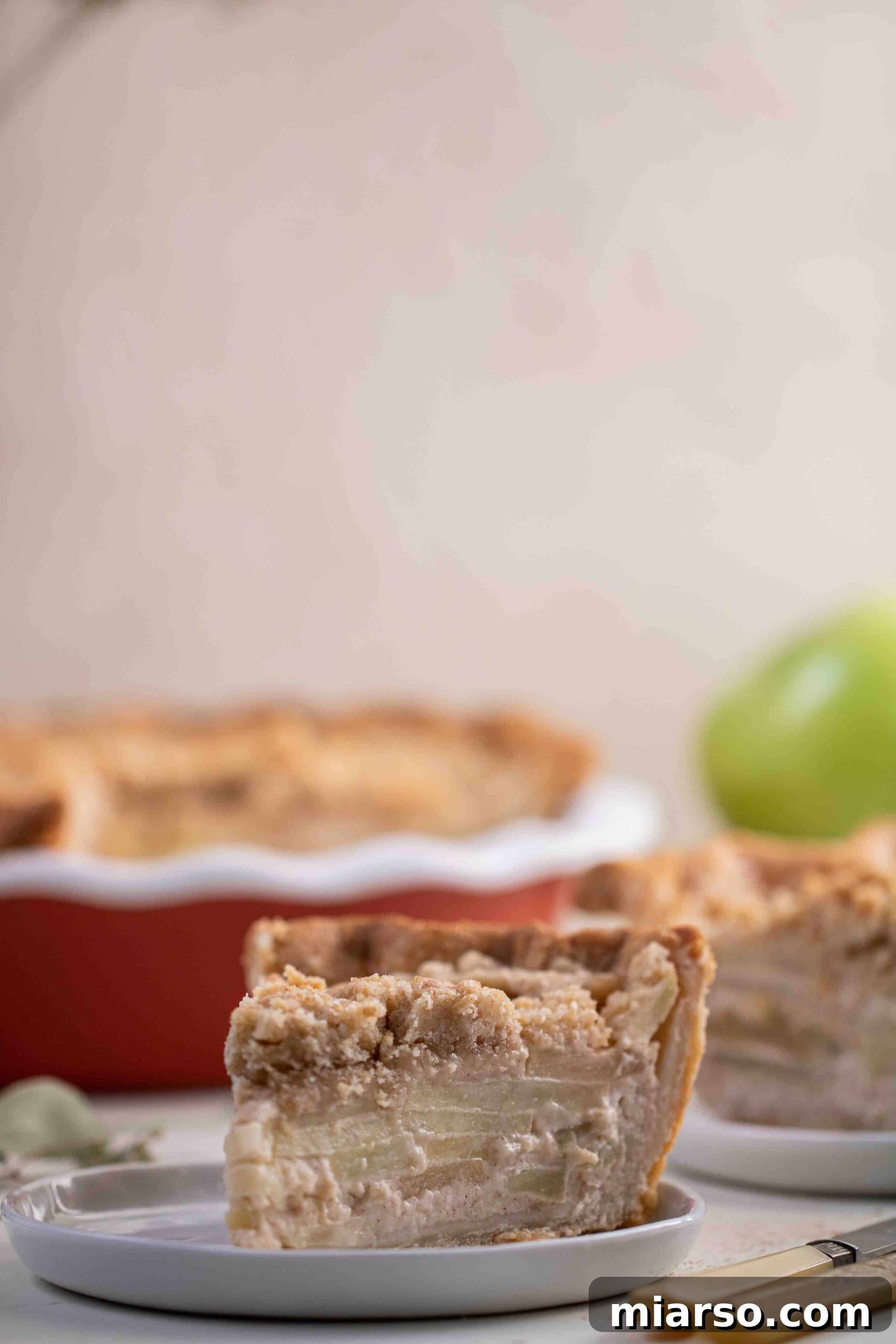 Straight on shot of a fully baked apple pie, highlighting the texture of each slice and the golden crumb topping.