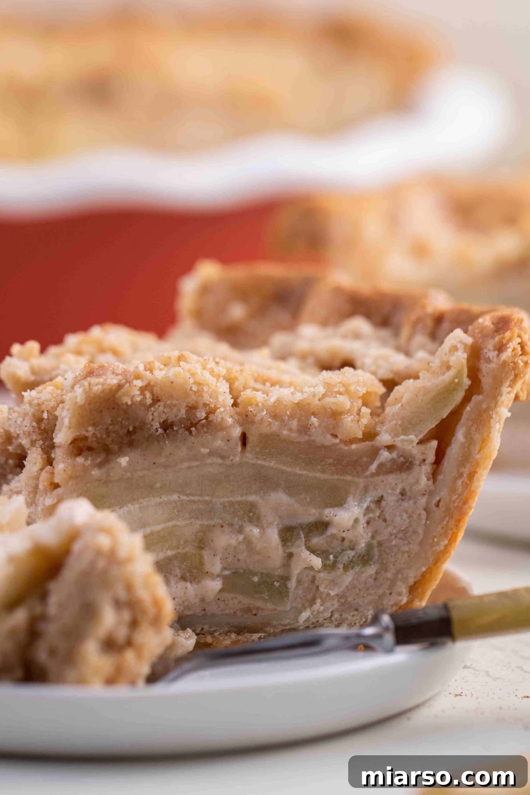 Close-up of a Dutch apple pie with thin apple slices cooked between a buttery crust and a thick, crumbly topping.
