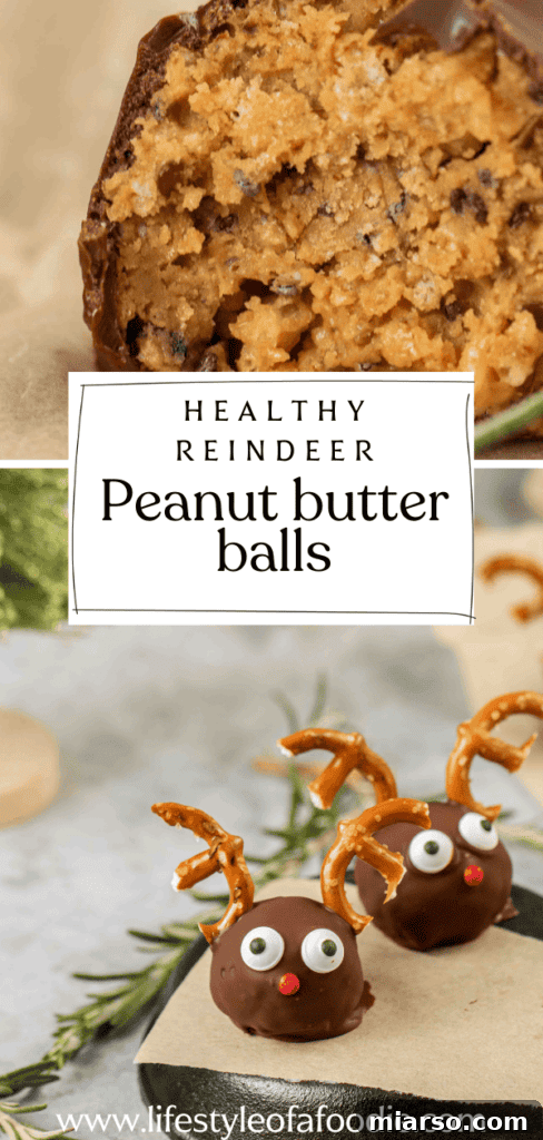Pinterest graphic for Healthy Reindeer Peanut Butter Balls with Rice Krispies, featuring a vertical image of the treats.