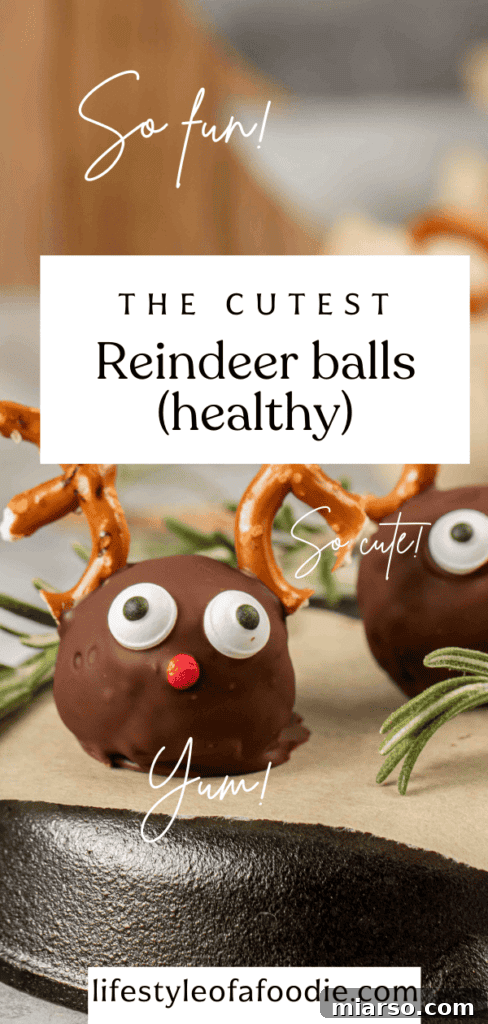 Healthy Reindeer peanut butter balls Pinterest image with text overlay.