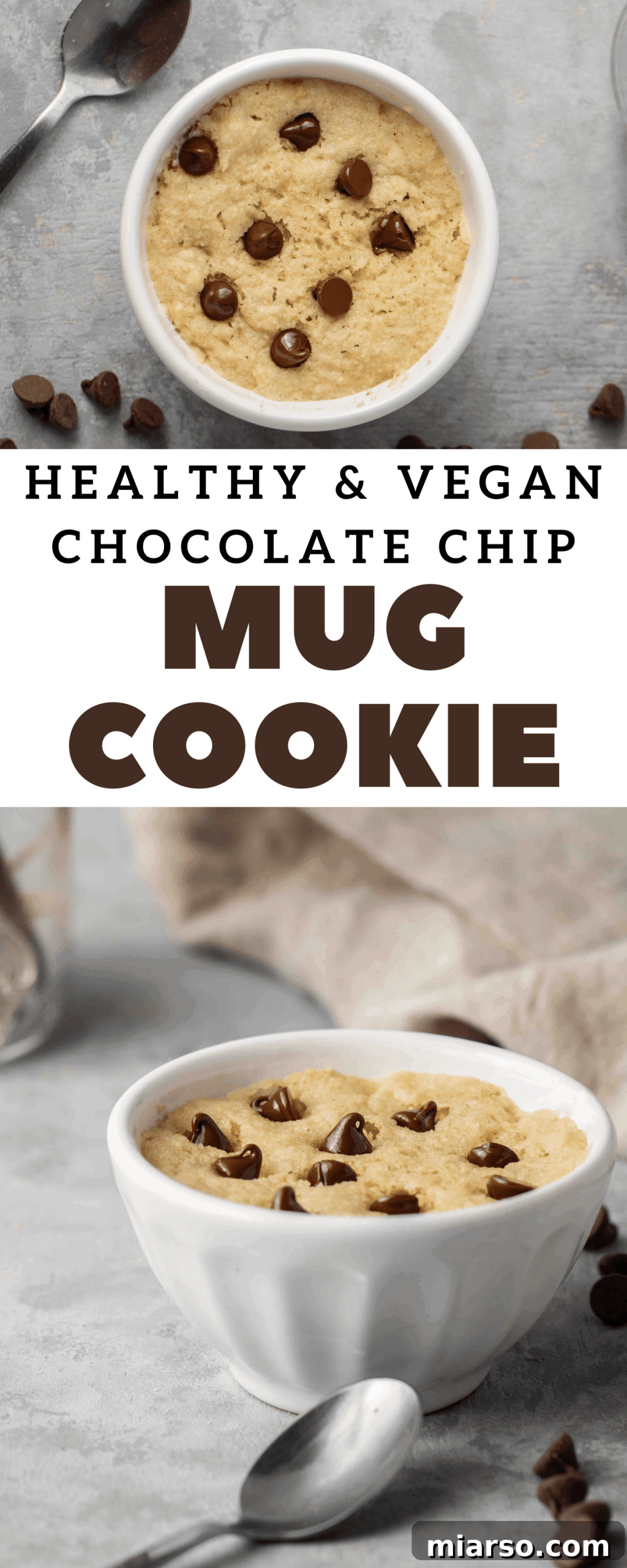 A third Pinterest pin image for the healthy chocolate chip vegan mug cookie, emphasizing its gluten-free and vegan qualities.