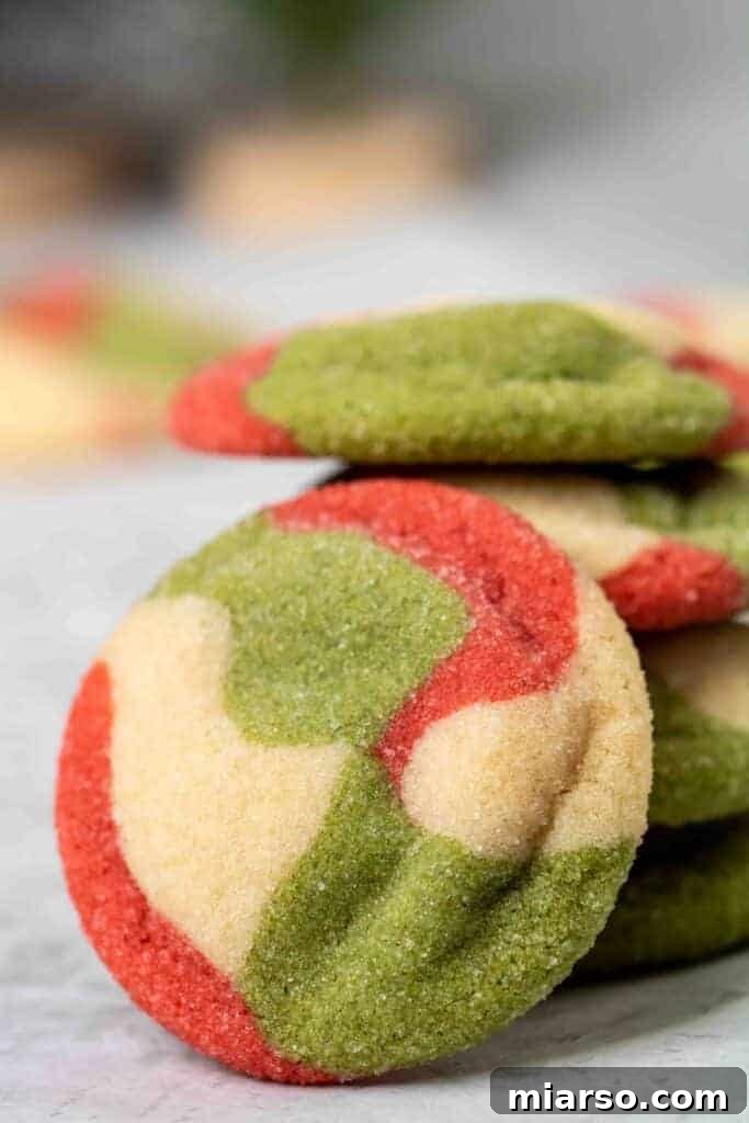 Marbled Christmas sugar cookie recipe with red, white, and green swirls