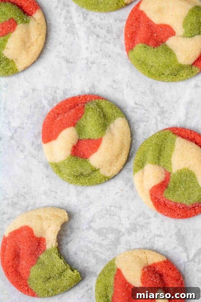 Marbled Christmas sugar cookie recipe showing the red, white, and green pattern