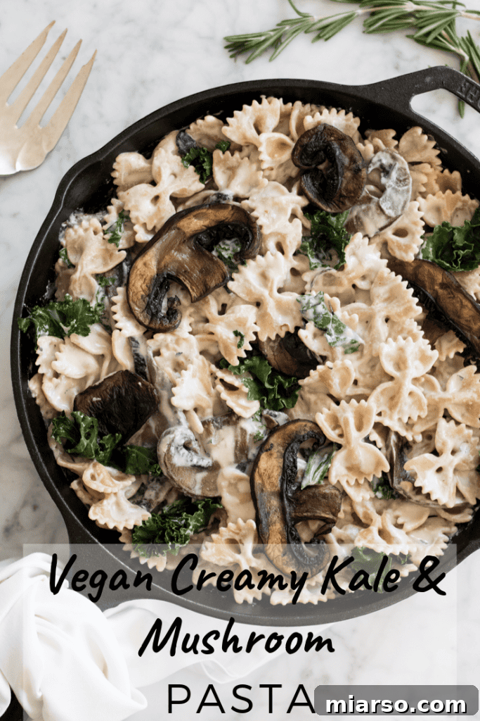 Final Pinterest image for vegan creamy mushroom pasta, emphasizing its wholesome ingredients.