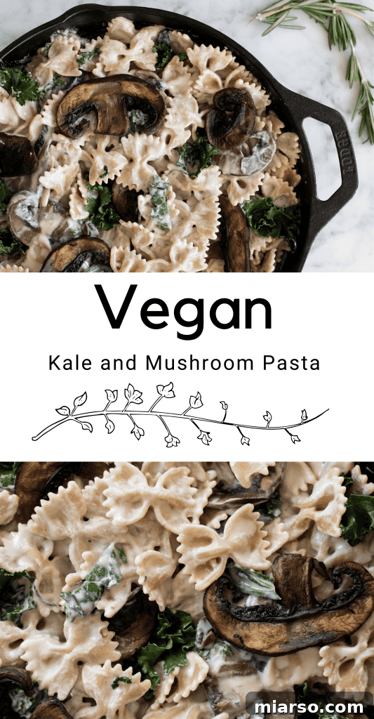 Another Pinterest image for vegan creamy mushroom pasta, showing a different angle.