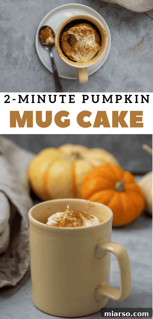 Another Pinterest graphic for the pumpkin mug cake recipe, highlighting its ease and deliciousness for fall.