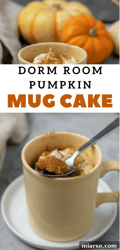 A visually appealing pin graphic for pumpkin mug cake, featuring the finished dessert and key recipe benefits.
