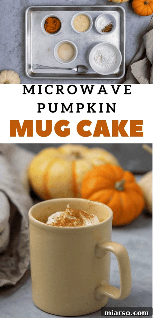 Pumpkin mug cake in a yellow mug with whipped cream, ideal for a seasonal dessert pin.