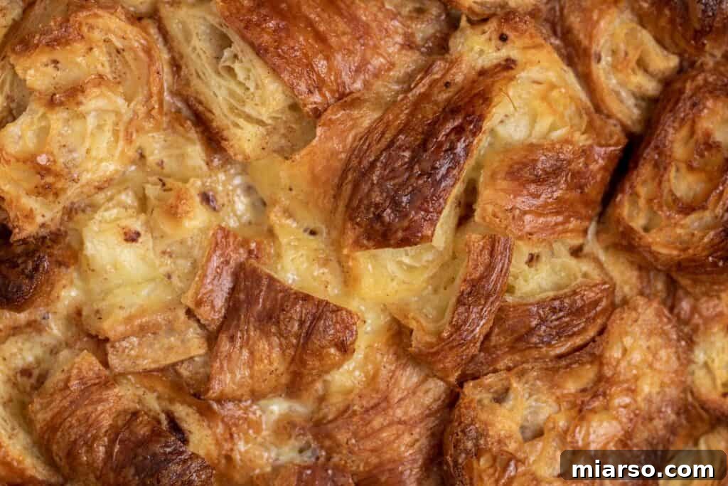 Heavenly Croissant French Toast Bake 11 Close-up of a fully baked Croissant French toast with a crispy, golden top.