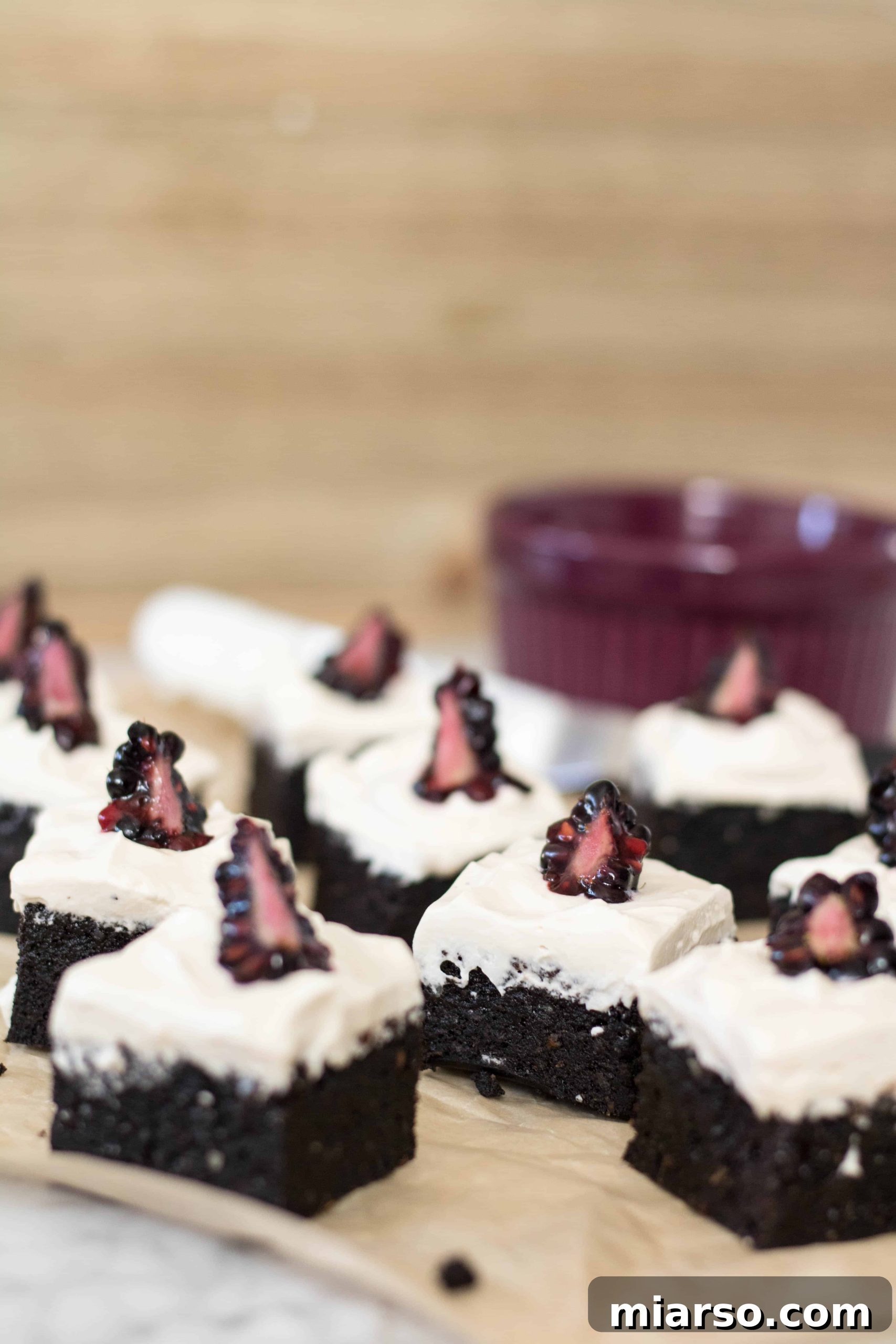 Close-up of a sweet potato brownie with topping