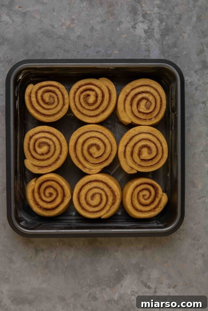 Cinnamon rolls proofing in a baking pan