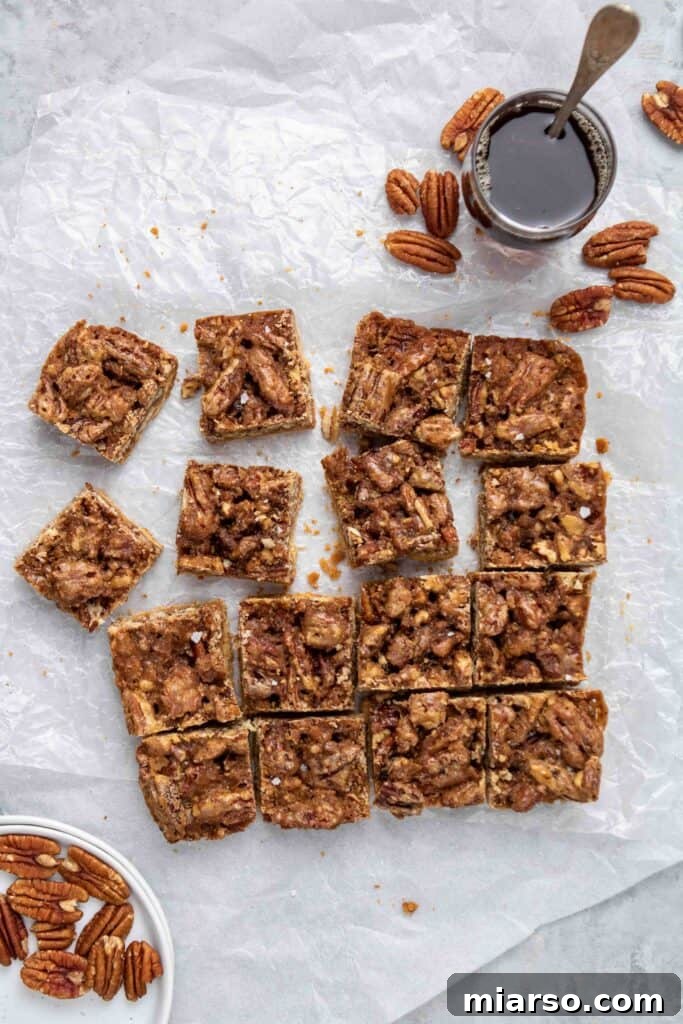 Overhead shot of the sliced healthy pecan pie bars