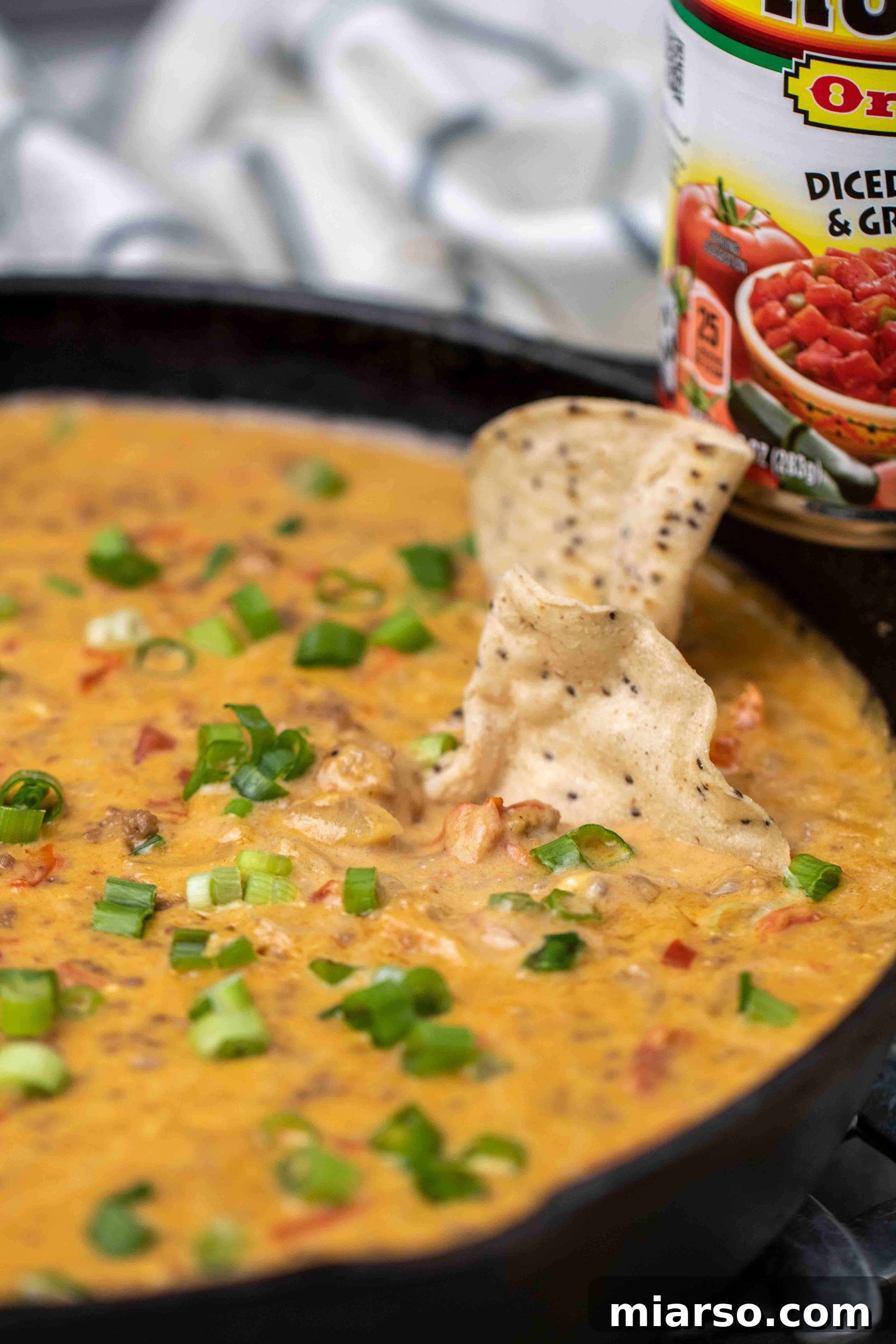 Close-up shot of creamy Rotel dip with tortilla chips on the side.