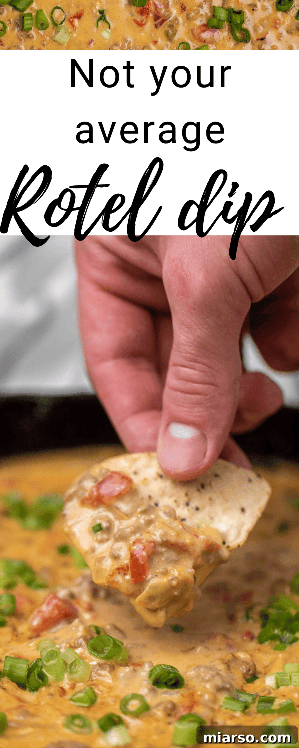 A graphic featuring the Rotel dip recipe title, ingredients, and final dish, optimized for Pinterest.